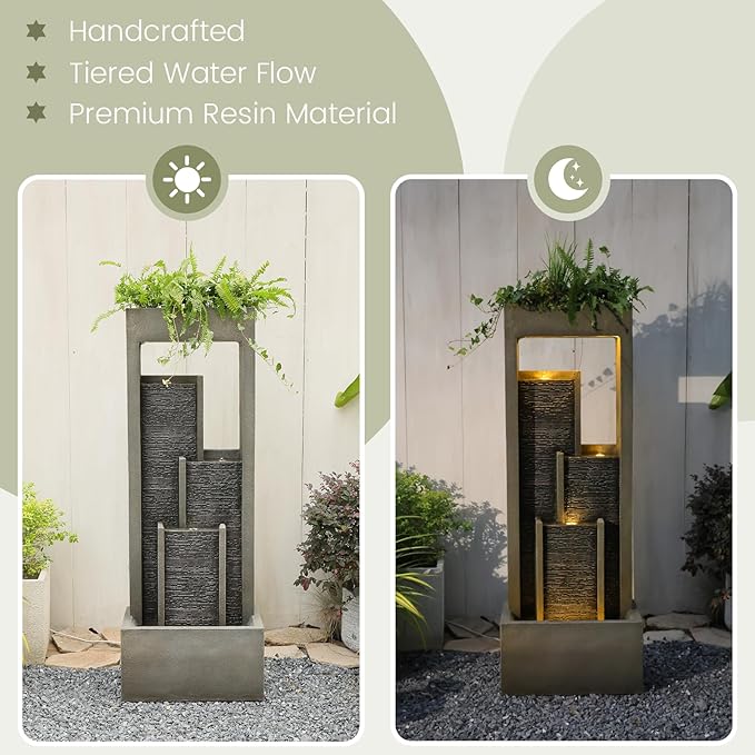 Indoor Waterfall Fountain, 52" Modern Tiered Indoor Water Feature with LED Lights, Resin Freestanding Garden Water Fountain for Patio, Room Decor Backyard Waterfall Feature, Gray Stone Look