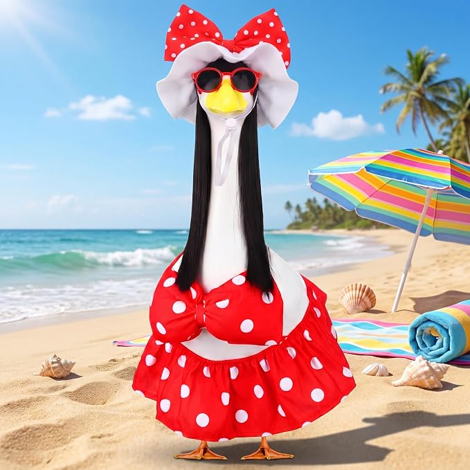 Abbylike Summer Bikini Porch Goose Outfit Red Polka Dot Bikini Goose Costume Clothes with Wig Sun Hat Sunglasses Fits Large 23'' H Cement Statue for Outdoor Yard Patio Lawn Art Decoration