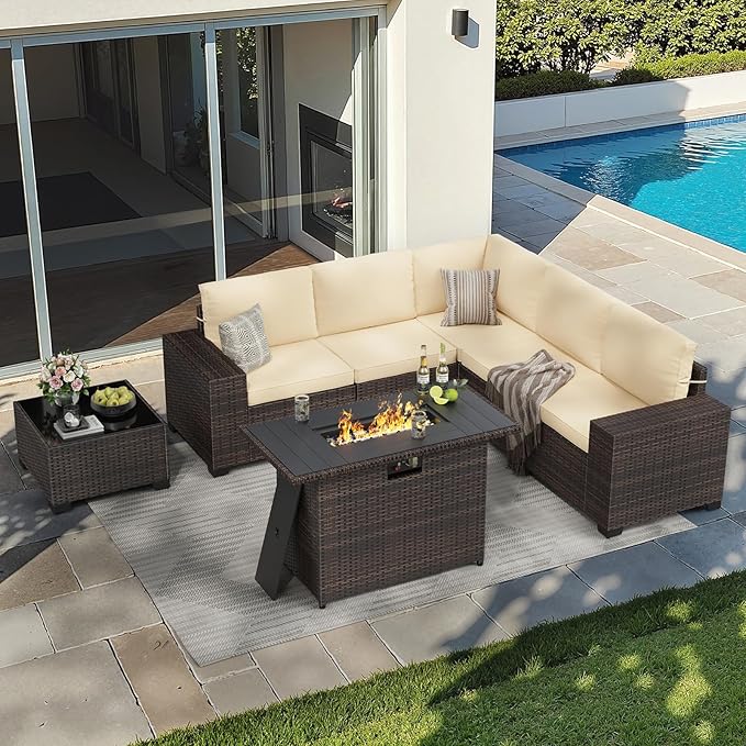 Soohow 7-Piece Patio Furniture Set with 44" Fire Pit Table, Outdoor Sectional Wicker Rattan Conversation Set for Garden, Porch, Backyard - Beige Cushions