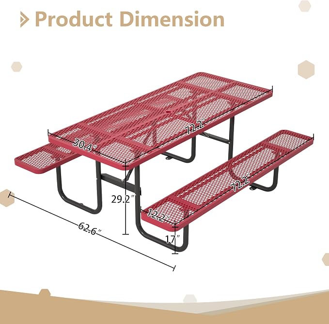 72'' Rectangular Metal Picnic Table with 1.73" Umbrella Hole, Heavy-Duty Commercial Grade Steel Mesh Table Set, Weather Resistant Sturdy for Outdoor, Smooth Round Corner Design, Red