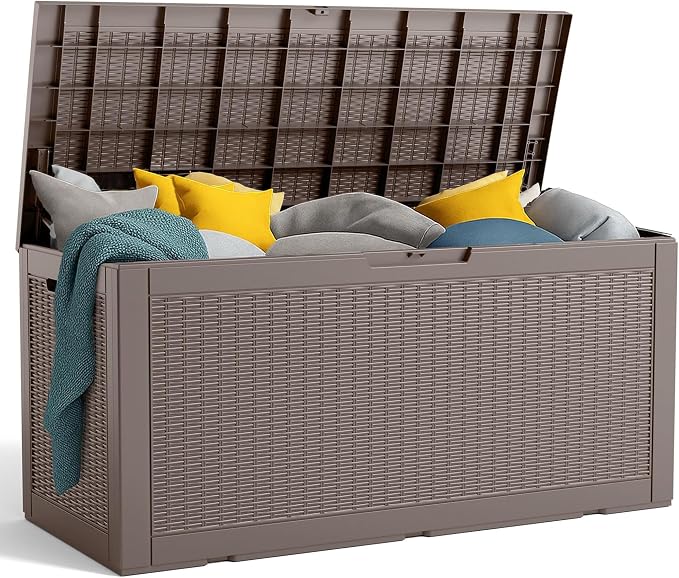 PatioZen 100 Gallon Resin Deck Box Outdoor Storage Box with Lockable Lid, Waterproof for Patio Cushions, Gardening Tools & Exercise Equipment