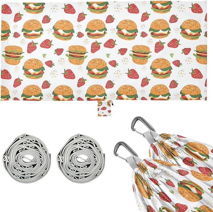 Camping Hammock Outdoor Hammocks for Outside Hamburger Strawberry Beach Trees Portable Lightweight with Pockets Tree Straps Indoor Small