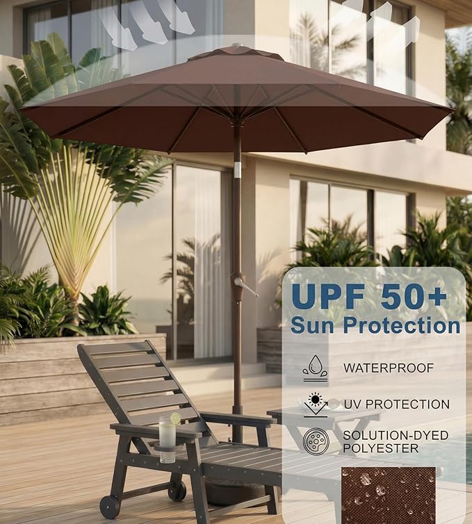 10FT Patio Umbrella, Outdoor Umbrella with Push Button Tilt and Crank, 8 Sturdy Ribs, UV Protection & Waterproof Market Umbrella for Pool, Backyard, Beach,Deck (Brown)