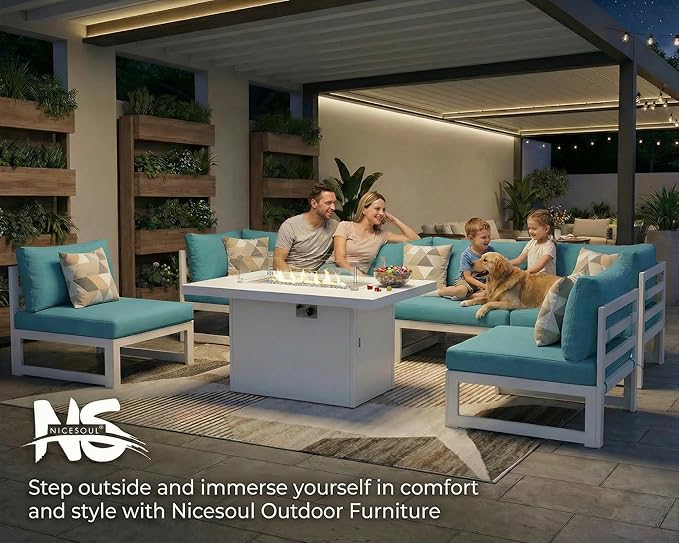 NICESOUL 17 Piece Extra Large Aluminum Outdoor Furniture Set with Fire Pit Table Propane/Gas, Rust-Proof Luxury Patio Sectional with Coffee Table, Comfortable Conversation Sofa for Outside Yard, Teal
