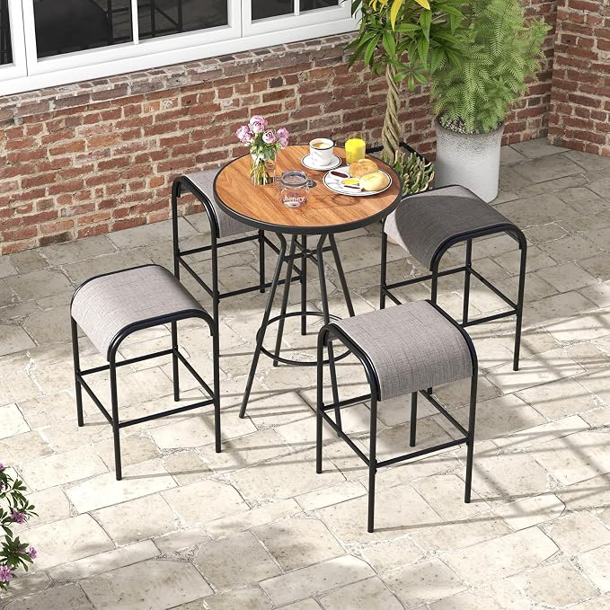 HAPPYGRILL Patio Bar Table with Umbrella Hole, 28” Outdoor Bar Height Table with Faux Wooden Top, Footrest, Patio Bistro Table for Poolside, Backyard, Garden