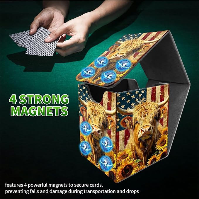 Yellow Cow Sunflower Card Deck Box for MTG, Personalized Card Storage Case Fits 120+ Sleeved Cards, Premium Leather TCG Box with Strong Magnetic Closure for Magic, CCG, PTCG, Baseball Cards
