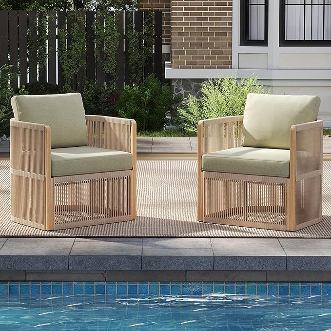 Aluminum Outdoor Dining Chairs, Olefin Rattan Patio Dining Chairs Set of 2, Modern Accent Chair with Highback, All Weather Rust Resist Armchair, Outdoor Patio Sofa Couch for Yard/Garden, Green
