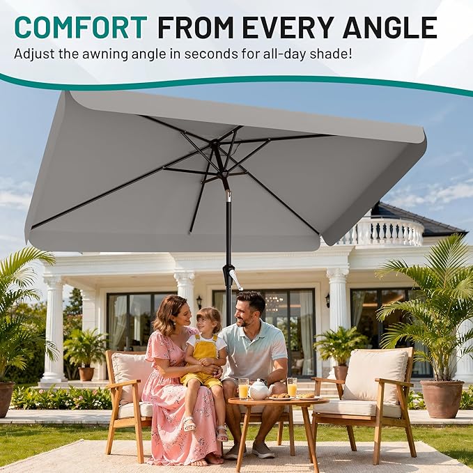 AreShark 6.5 x 10 FT Rectangular Valance Patio Umbrella, Outdoor Umbrella with Tilt and Crank, Market Table Umbrellas W/ 6 Ribs UV Protection for Garden, Deck, Backyard and Pool, Foggy Gray