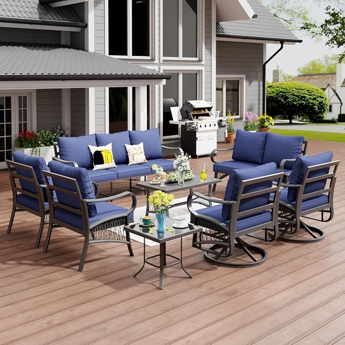 8 Piece Patio Furniture Set, 9 Seat Metal Outdoor Sectional Sofa Set with 2 Swivel Chairs, Patio Conversation Set with Thick Cushions and Coffee Table for Garden, Porch, Lawn, Blue