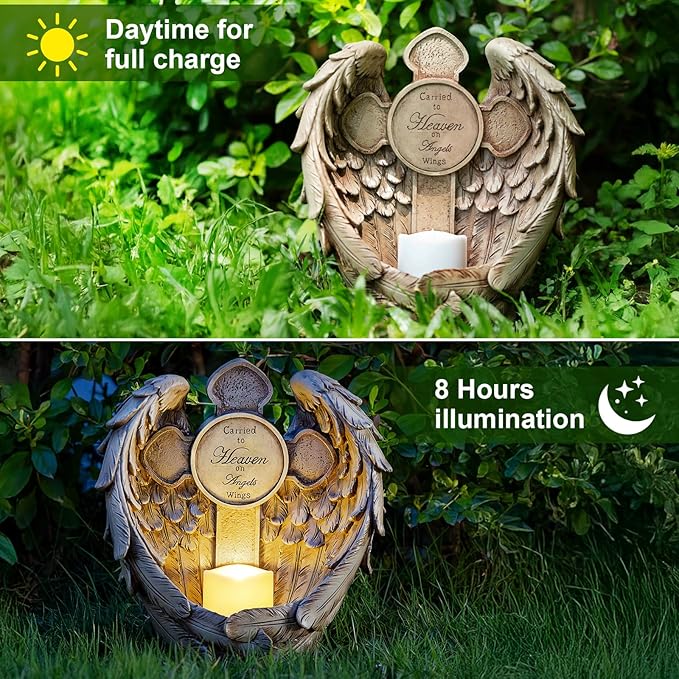 12" Angel Wings Memorial Statue with Cross & LED Candle, Bereavement Condolence Gift, Remembrance Garden Figurine Decor, Waterproof Garden Sculpture Sympathy Gifts for Women, Mom, Grandma, Lover