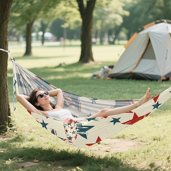 4th of July Independence Day Red and Blue Stars 330lb Capacity Camping Hammock with Tree Straps Tree Hammock for Outside Camping Essentials hamacas para Deck