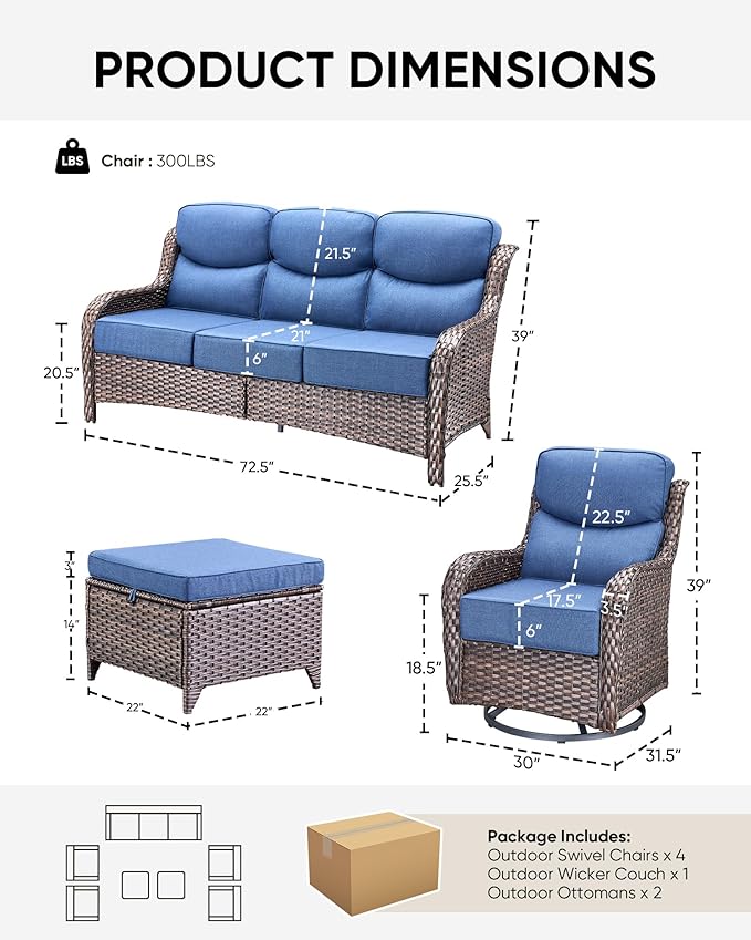 HUMMUH 7 Pieces Wicker Patio Furniture Set with Patio Swivel Chairs Set of 4,High Back Outdoor Sofa Coffee Table Ottomans,6 Inch Thick Cushions Outdoor Conversation Set for Porch, Balcony, Deck