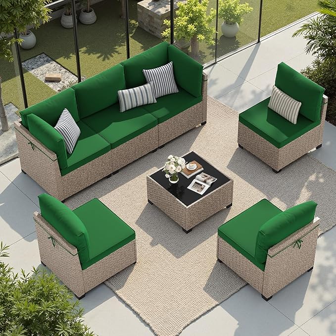 Soohow 7-Piece Patio Furniture Set, Outdoor Sectional All-Weather Wicker Patio Conversation Set for Garden, Porch, Backyard - Green Cushions