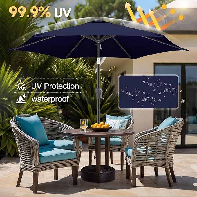 FLAME&SHADE 9ft Patio Umbrella Outdoor - Table Umbrella with Push Button Tilt and Crank, UV Protection, 6 Sturdy Ribs, Market Umbrella for Garden, Deck, Backyard, Lawn, Pool and Beach(Navy Blue)