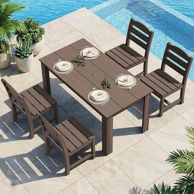 SERWALL Outdoor Dining Sets for 4, HDPE Dining Sets for 4 Person with 1 Umbrella Hole Cut-Out Rectangular Table and 4 Armless Chairs, Patio Dining Sets for Garden, Backyard, Poolside, Coffee