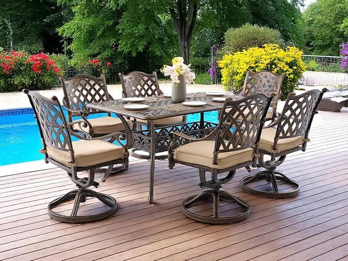 7 Piece Cast Aluminum Outdoor Dining Set, Retro Patio Dining Furniture Set for 6 Includes 59” Rectangular Table 6 Lattice Chairs with Thicker Cushions and Umbrella Hole for Porch Poolside Garden