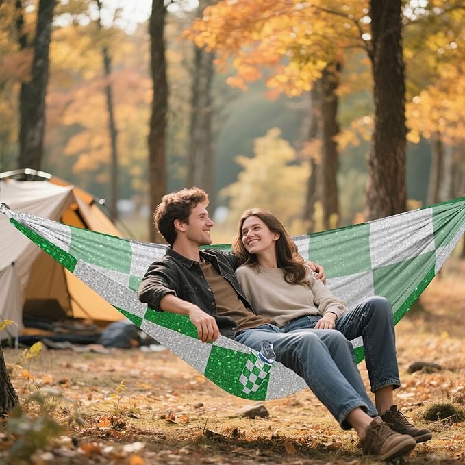 Fake Glitter Checkerboard Squares White Green 330lb Capacity Outdoor Hammock with Tree Straps Rope Hammock for Outside Patio Backyard Poolside hamaca para adultos
