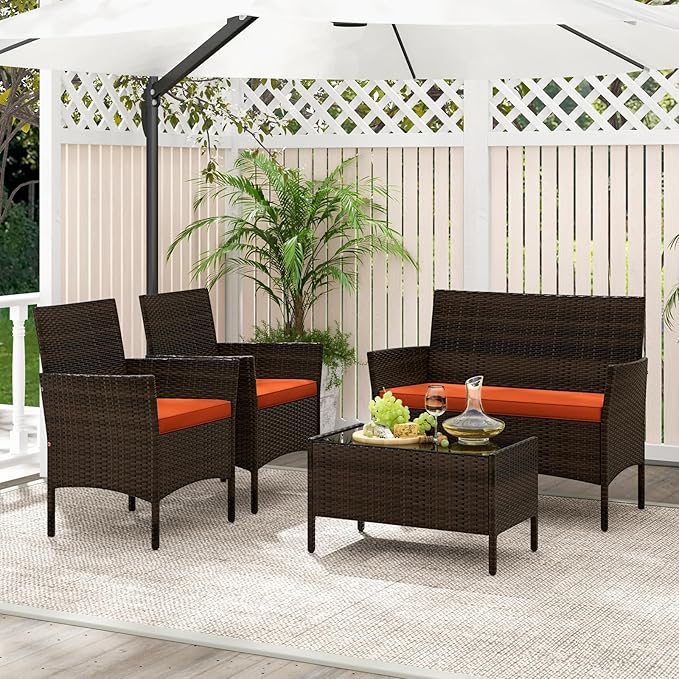 Tangkula 8 Piece Patio Rattan Conversation Set, Outdoor Wicker Furniture Set with Chair, Loveseat & Tempered Glass Table, Cozy Seat Cushions, Outside Sectional Sofa Set for Backyard (2, Orange)