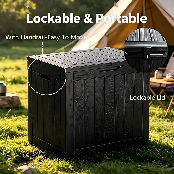 34 Gallon Outdoor Storage Box, Resin Deck Box Waterproof, Raised Bottom Outdoor Storage Bin with Lockable Lid for Patio Cushions & Garden Tools - Black