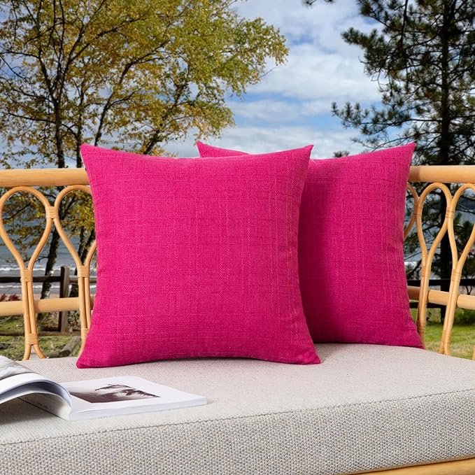 Kevin Textile Outdoor Waterproof 24”x24” Pillow Covers 2 Pack, Hot Pink | Water Resistant, Soft Faux Linen-cotton Yarn-dyed Woven Texture Throw Pillow Covers for Tent Patio Garden Couch Sofa