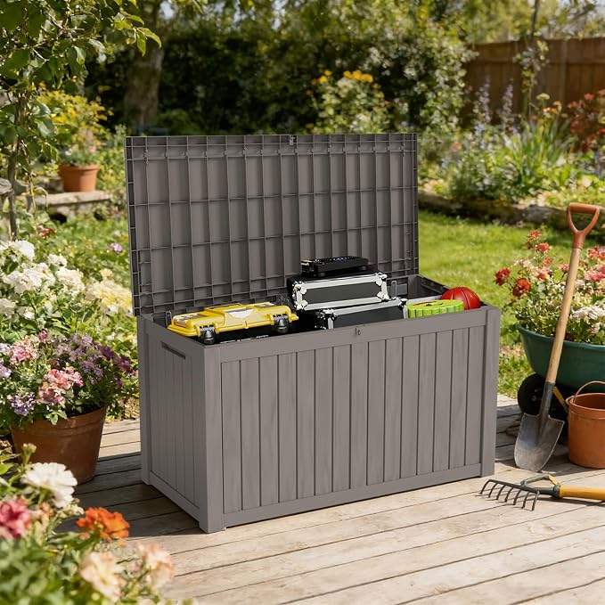 150 Gallon Waterproof Resin Outdoor Storage Box, Lockable & UV Resistant | Patio Deck Boxes, Outside Storage for Patio Cushions, Pool Toys, Garden Tools & Package Delivery, Brown