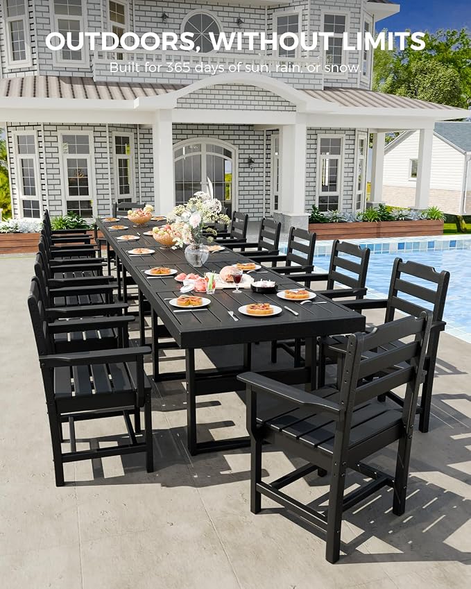 K Knowbody 17-Piece Outdoor Patio Dining Table and Chairs Set, Seats 14 | Steel-Reinforced HDPE, 100 lb/sq ft Load Capacity, 2-Inch Umbrella-Ready Tables, All-Weather, Fade-Resistant, Charcoal Black