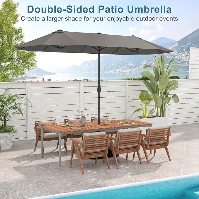 Giantex Patio Umbrella with Base, Double-Sided Outdoor Umbrella with Crank Handle, Umbrella Base Stand with 2 Sandbags, 12 Metal Ribs, Market Umbrellas for Garden Poolside Deck