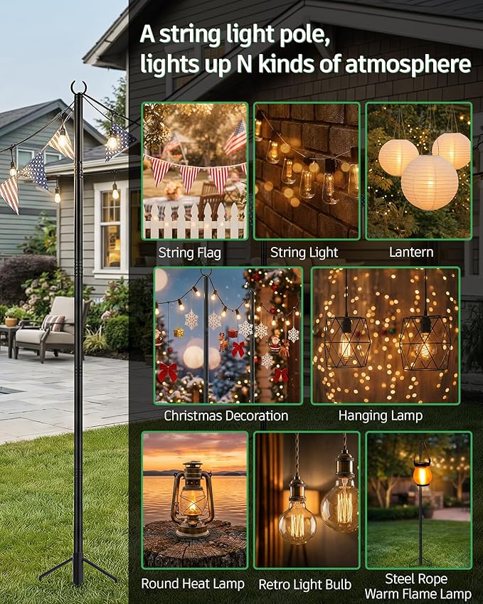 LAND·VOI String Light Poles 4 Pack, Heavy Duty Outdoor Light Poles with Upgraded 5‑Prong Base, Anti‑Bending Stable Design for Backyard Patio Garden Wedding Party Decoration