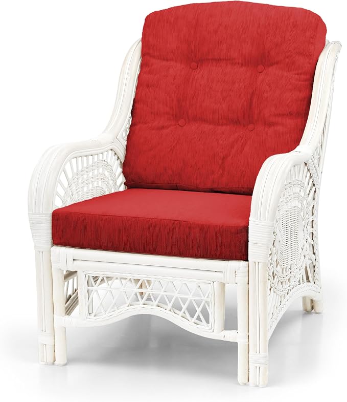 Malibu Lounge Set of 4: 2 Natural Rattan Wicker Chairs, Three-Seater Sofa with Red Cushions and Coffee Table with Glass Handmade, White Color