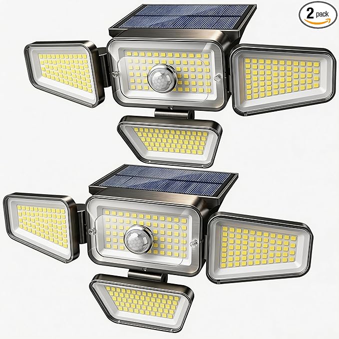Solar Lights Outdoor, 3000LM Solar Powered Motion Sensor Light, IP65 Waterproof Security Flood Light with 3 Modes, 16-26FT Detection, 6.5-10FT Mounting Height for Wall, Garage, Yard (2 Pack)