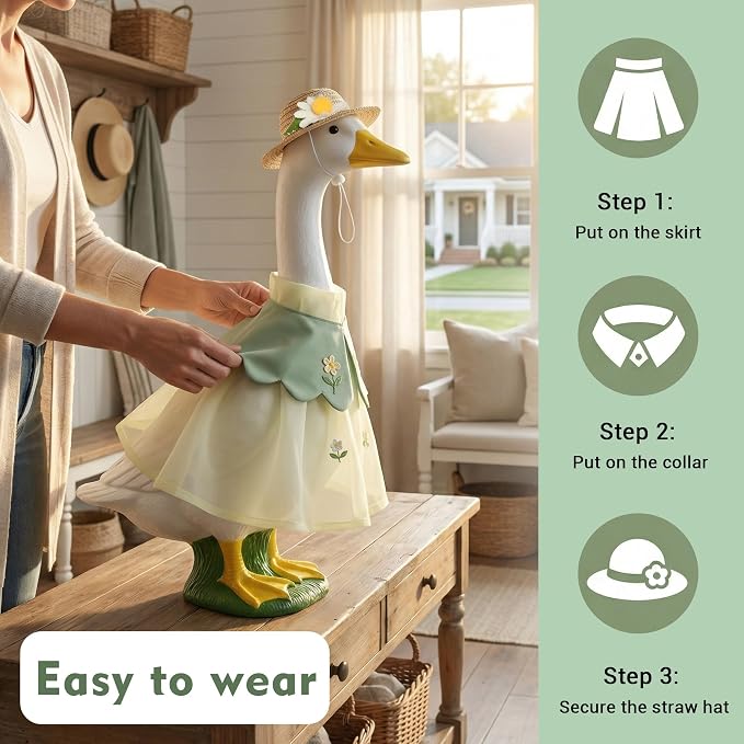 holoith 3 Pcs Summer Porch Goose Outfits for 23 inch Cement Goose Set | Outdoor Garden Statue with Gooses Outfit, Summer Garden Entrance Decoration, Includes Straw Hat, Collar, and Skirt