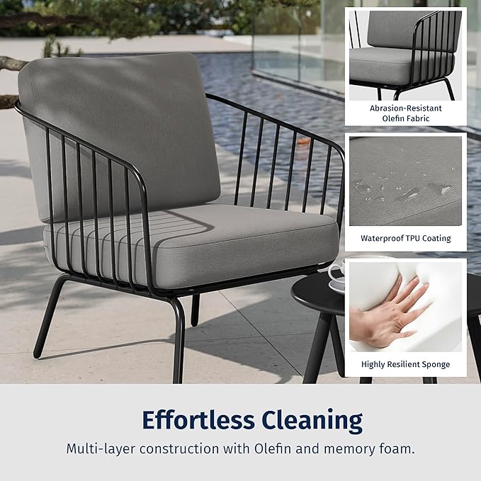 East Oak 3-Piece Plaza Patio Furniture Set, Outdoor Furniture with Thick Cushion Sofa and Coffee Table, Outdoor Bistro Set for 2, Modern Patio Conversation Set for Balcony, Black & Grey