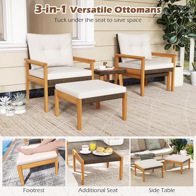 Tangkula 5 Piece Rattan Furniture Set, Wood Frame Chairs & Ottomans w/Square Coffee Table, Space Saving Cushioned Wicker Patio Conversation Set for Backyard, Poolside (Off White)