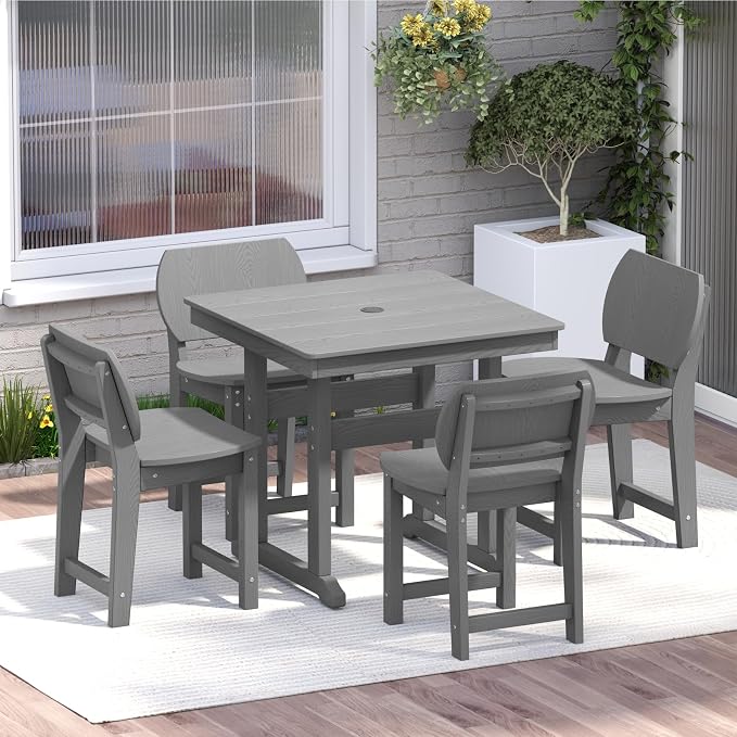 5-Piece HDPE Outdoor Dining Set, Weatherproof Patio Table and Chairs Set for 4, Includes 1 Square Table and 6 Armless Chairs, with Umbrella Hole (Grey)