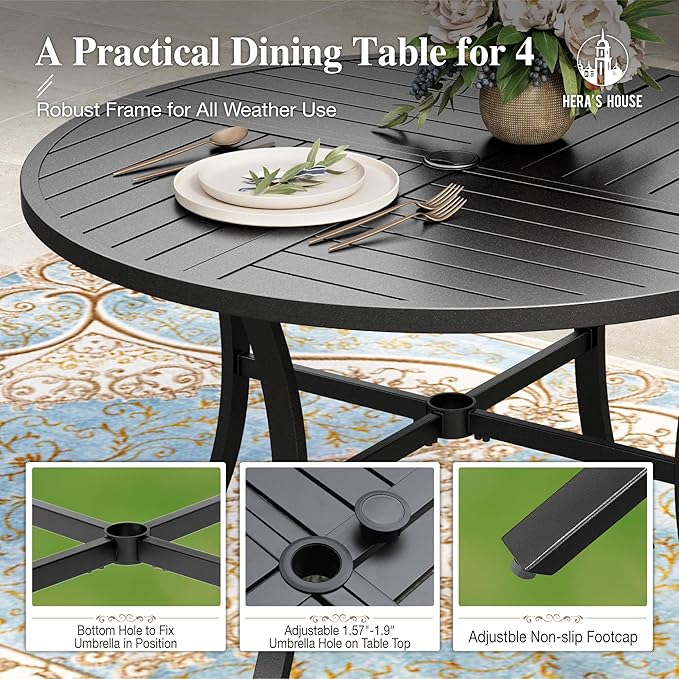 HERA'S HOUSE 5 Pieces Patio Dining Set, Outdoor Table and Chairs Set for 4, 4 x Red Textilene Dining Chair and 42" Metal Round Table for Lawn Garden Backyard Deck