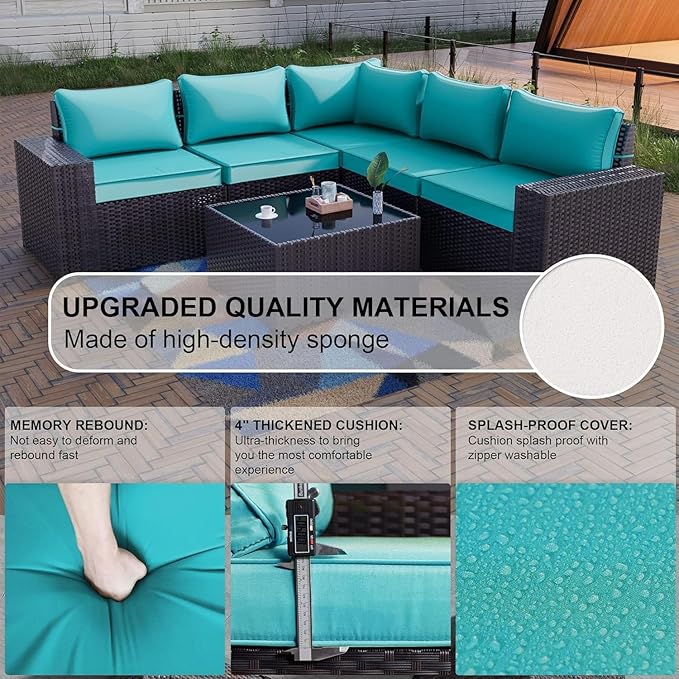 Kullavik Outdoor Patio Furniture Set 6 Pieces Sectional Rattan Sofa Set Brown PE Rattan Wicker Patio Conversation Set with 5 Seat Cushions and 1 Tempered Glass Table, Turquoise Blue