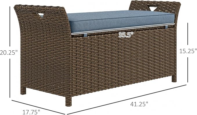 Outdoor Rattan Wicker Storage Bench with Cushion, Patio Storage Deck Box for Outdoor Furniture Cushions, Garden Tools (Dark Blue)