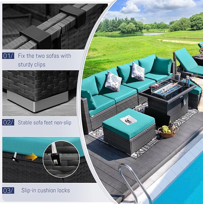 BULEXYARD 11 Piece High Back Outdoor Patio Set with Firepit, Extra Large Backyard Furniture Sectional Couch 10-Seater Modular, XL Big Wide Deep Outside Seating Area for Exterior, Grey & Turquoise