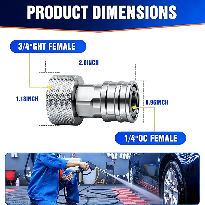 High Pressure Washer Adapter 3/4" GHT Female to 1/4" Quick Connect, Stainless Steel Pressure Washer Quick Release Fitting for Garden Hose, Power Washer Nozzles & Accessories (Connector +5 Nozzle Set)