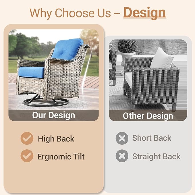 HOOOWOOO Patio Furniture Set,5 Pieces Wicker Outdoor Furniture,High Back Conversation Set with All Weather Resistant Fire Pit Table Couch Swivel Chairs,Diamond Blue