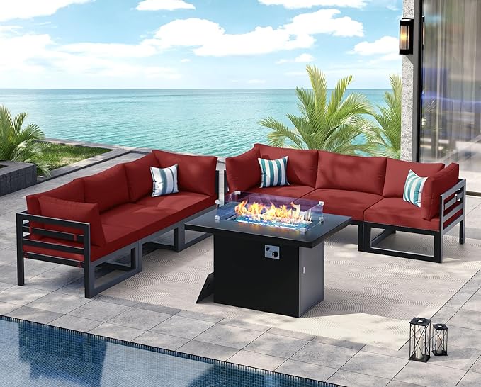 NICESOUL 7 Piece Modern Aluminum Patio Furniture Set with Fire Pit Table, 500 lbs Heavy Duty Outdoor Sectional Sofa, 29" Deep Wide Oversized Seating L Shaped Conversation Couch for Garden, Burgundy