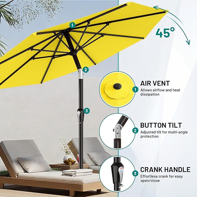 AreShark 10 FT Outdoor Patio Umbrella, Patio Table Umbrella with Push Button Tilt and Crank, Outdoor Patio Umbrellas with 8 Fiberglass Ribs, Patio Umbrellas for Market, Garden, Pool (Yellow)