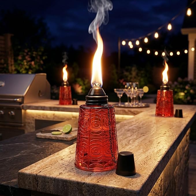 Seraphic Citronella Table Top Torches for Outdoor Patio, 16oz Decorative Glass Torch Citronella Candles for Outside Deck, Garden, Parties, Set of 3, Red