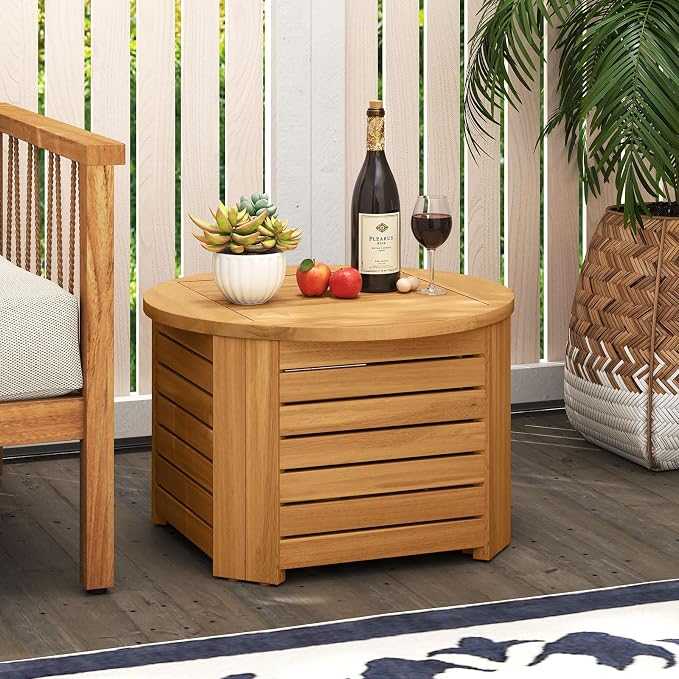 Tangkula 2-in-1 Outdoor Side Table with Storage, Acacia Wood Slatted Coffee Table with Umbrella Hole & Removable Base, Round Slatted End Storage Box for Backyard, Poolside