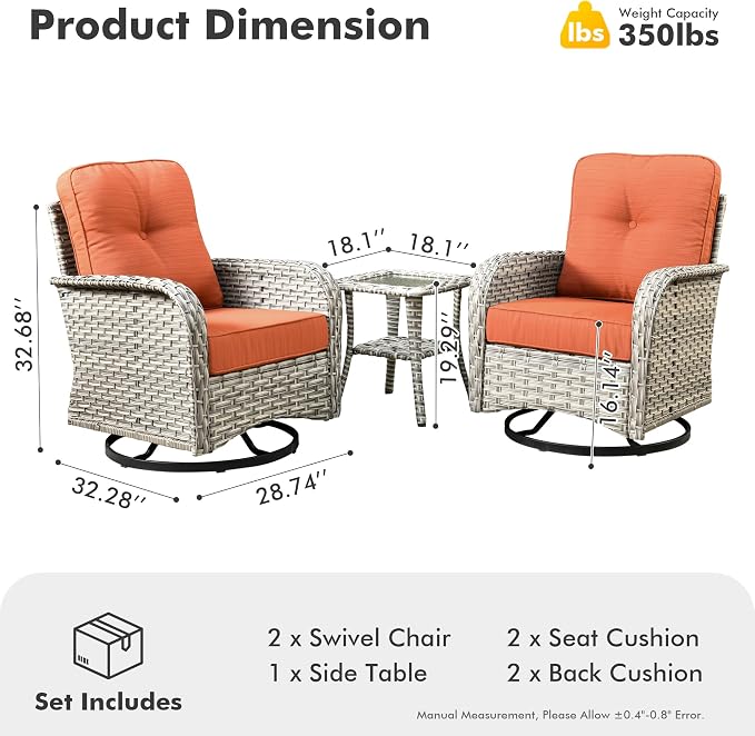 Outdoor Swivel Rocker Patio Chairs,Wicker Glider Swivel Rocking Chair Set of 2,Patio Rocking Swivel Chair Set with Rattan Side Table for Porch Deck Balcony Garden,Orange Red