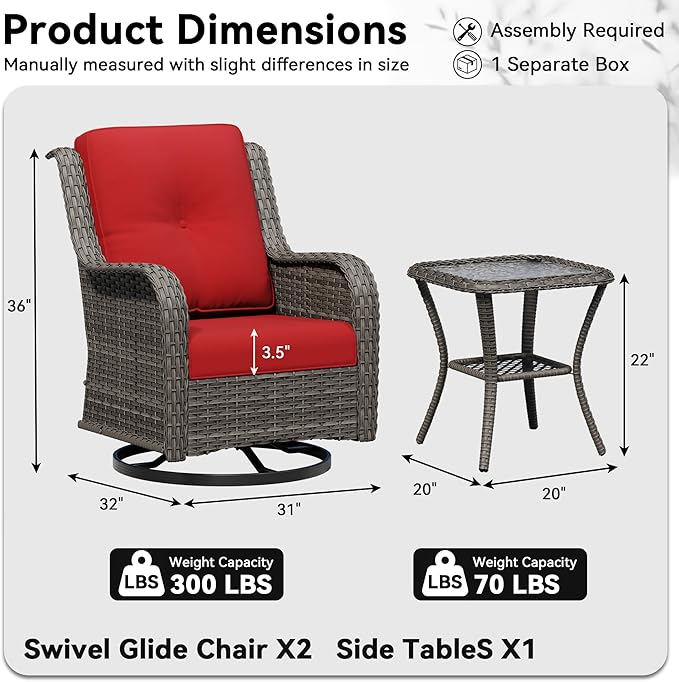3 Piece Outdoor Wicker Patio Furniture Set, Swivel Rocker Patio Chairs Set with Thickened Olefin Cushions, High Back and Deep Seating, Hand-Woven PE Rattan for Porch, Deck