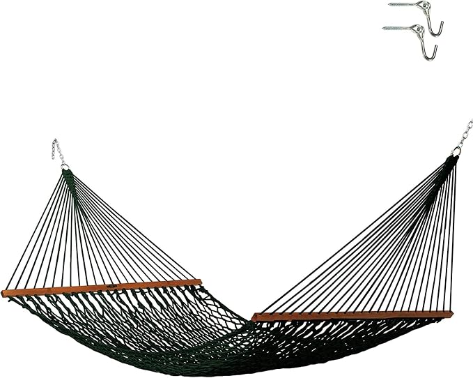 Original Pawleys Island Deluxe Green DuraCord Rope Hammock – 13 ft. x 60 in., 2-Person, 450 lb Capacity, Oak Spreader Bar, Zinc-Plated Hardware, Handcrafted in the USA