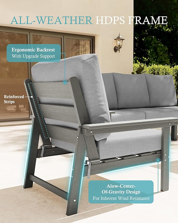 Ciokea Modular Patio Furniture Set with Thicked Cushions, 7Pcs All-Weather Outdoor Conversation Set with Coffee Table & Side Table, Modern Sectional Sofa Set for Deck (Grey Frame/Grey Cushions)
