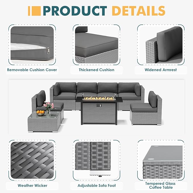 8 Pieces Outdoor Patio Furniture Set with 45” Propane Gas Firepit Table, Grey Wicker Patio Sectional Sofa Set, Outdoor Couch with Cushion and Tempered Glass Table, Grey