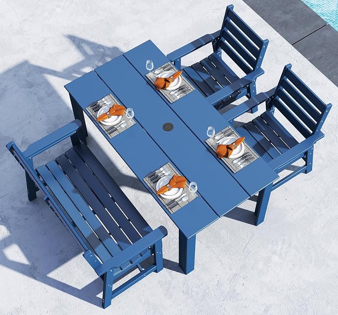 BRIOPAWS Outdoor-Dining-Table-Set | 4 Piece | HDPE | 1 Bench and 2 Chairs Sets for 4 | Patio Dinner Furniture | All Weather | Umbrella Hole | for Poolside Deck Backyard Outdoors | Blue